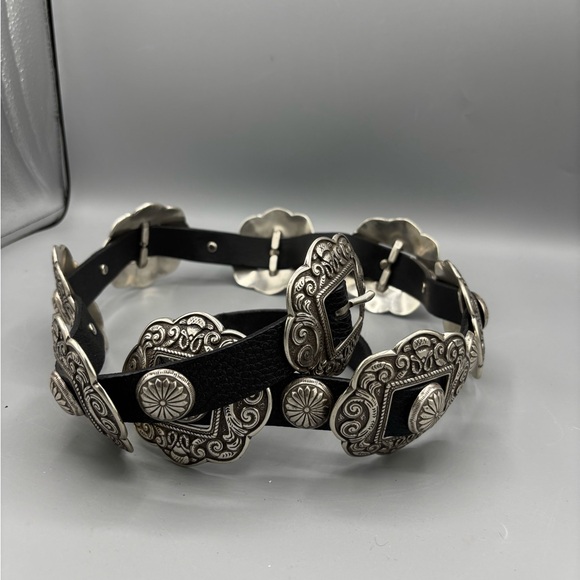 Accessories - XL Heavy Black  leather concho belt with silver-tone hardware